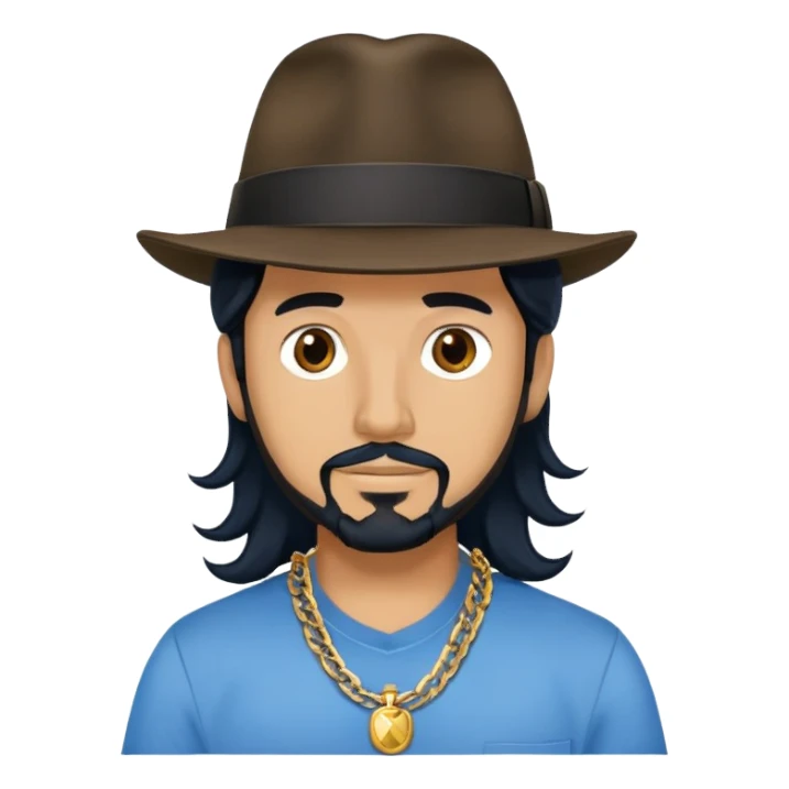Man with black long wavy hair, brown eyes, tan skin and light black goatee blue shirt fedora hat gold chains sticker