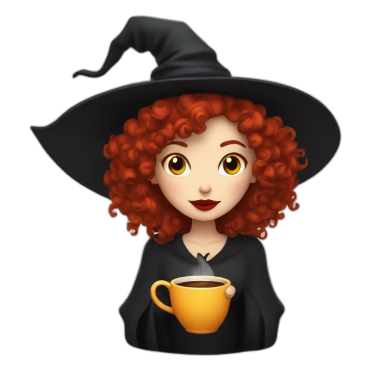 a witch with red lips, red curly hair to the shoulders reading and drinking coffee sticker