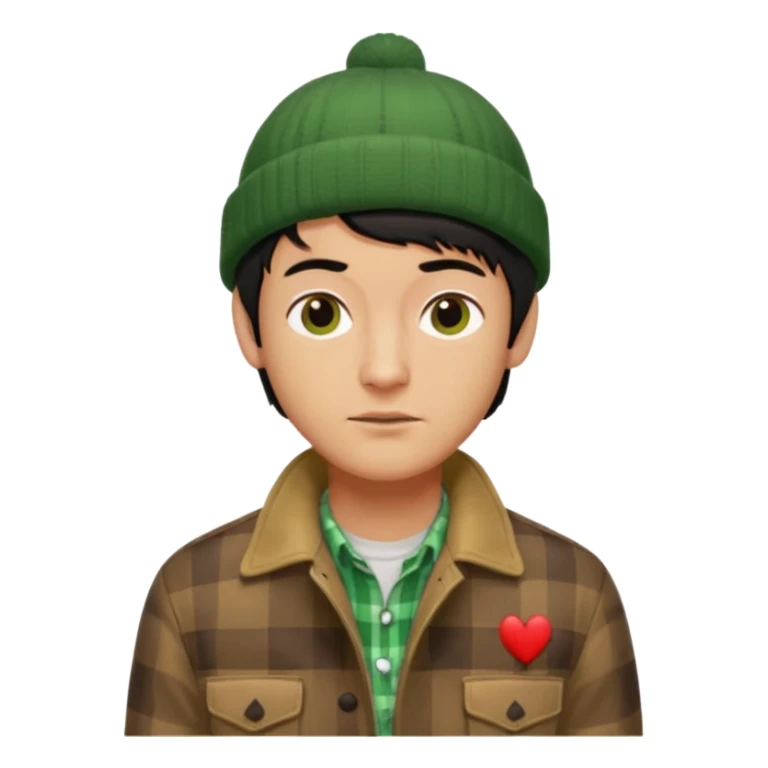 young man with longish black Beatle haircut, tan complexion, green beenie hat, tan jacket, checked shirt , pork chop sideburns sticker