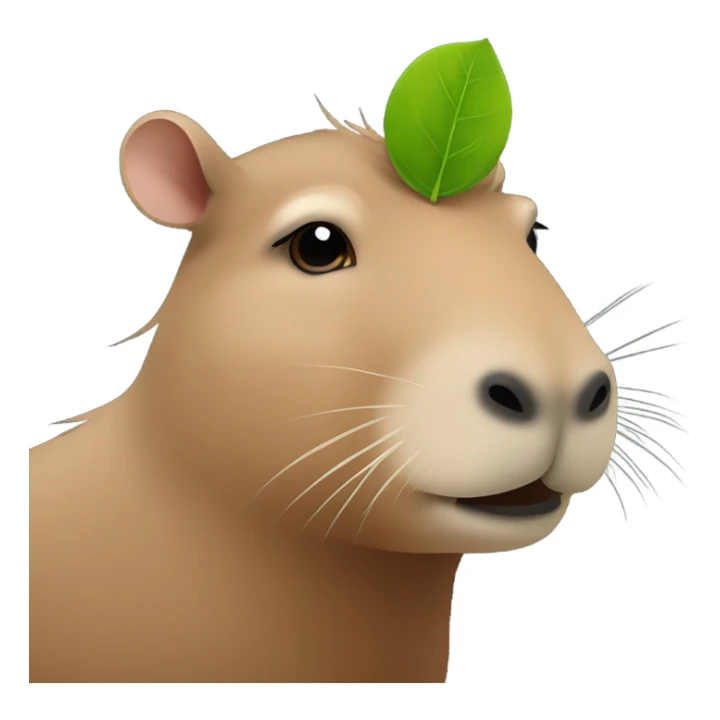 A capybarra with a small leaf on its head, looking in front of the camera sticker