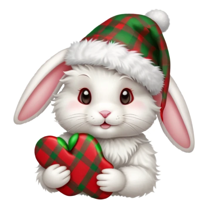 fluffy white angora rabbit wearing red and green plaid Christmas hat held in hands sticker