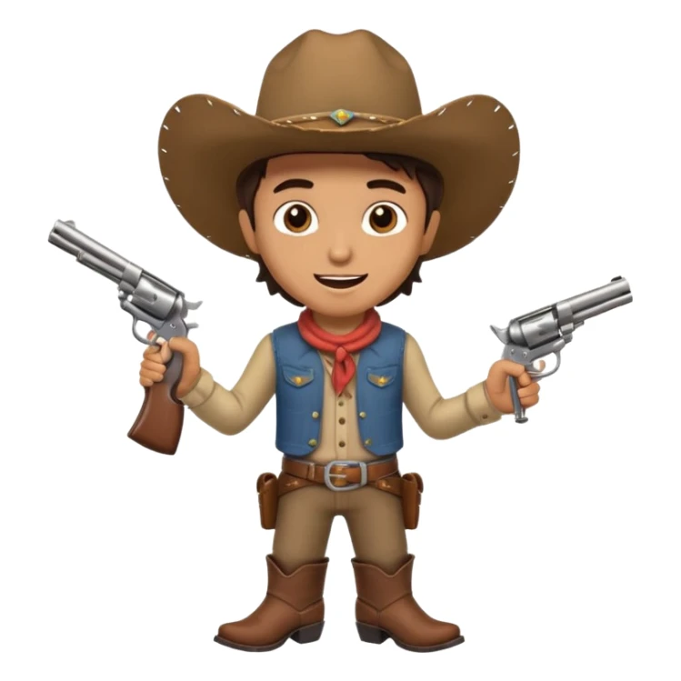 A young cowboy with oversized boots, excited expression, and a tiny toy revolver.
 sticker