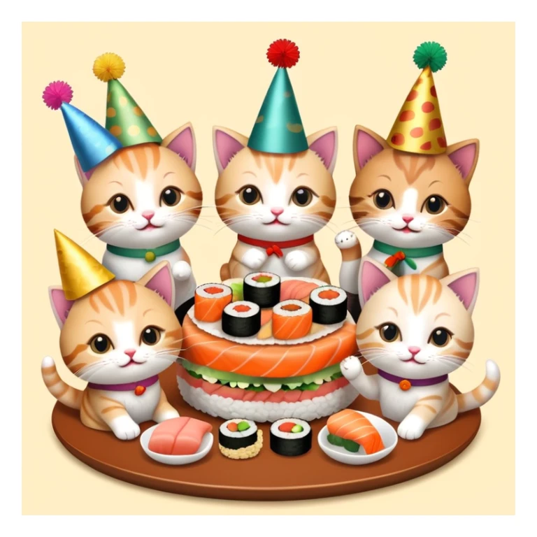 Nine kitties enjoying sushi birthday feast sticker