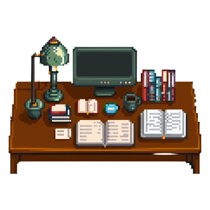 desk with a lamp, books, and papers, symbolizing studying sticker