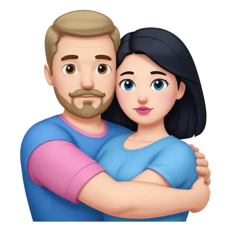 Tall strong white man with brown mustache goatee wearing blue hugging a chubby short pale woman with long black hair wearing pink sticker