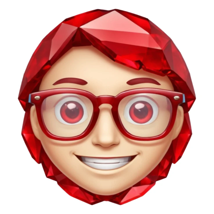 A single red crystal gemstone character wearing glasses, chunky and irregular with faceted very sharp sides, smile, , high detail, sticker