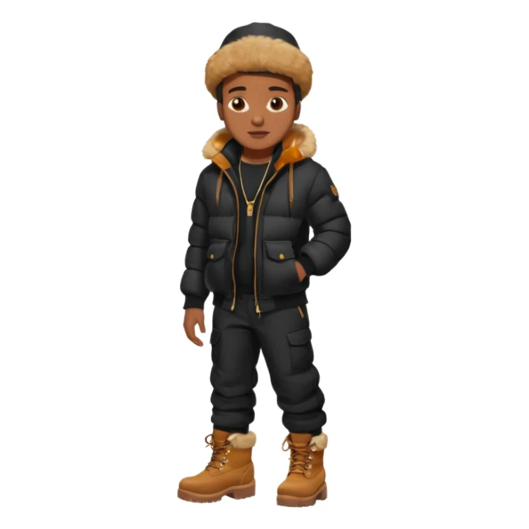 Handsome Black guy with brown skin tone, wear black joggers, a black bubble coat with a fur brim on the hood, and buckwheat timberland boots sticker