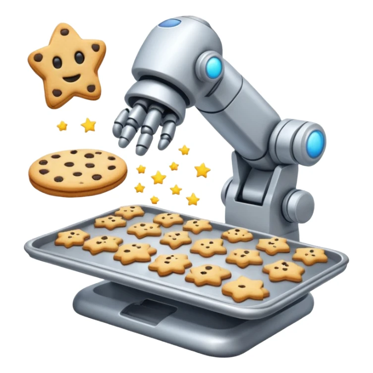 Half spaceship cookie factory floating in space, robotic arms baking in zero gravity, stars in background, futuristic emoji-style sticker