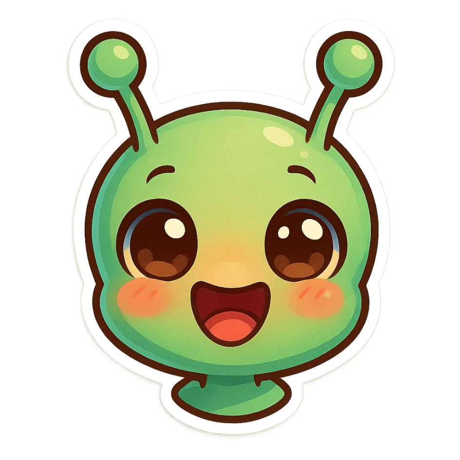 cute cartoon alien head showing happiness, chibi stickers style, vibrant colors, expressive eyes, joyful expression sticker