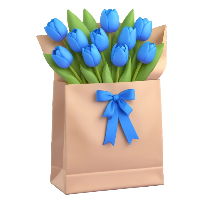 a white paper bag filled with pastel blue tulips, tied with a blue ribbon, soft blue pastel colors, smooth shadows, simple and minimalistic, 3D iOS emoji style sticker