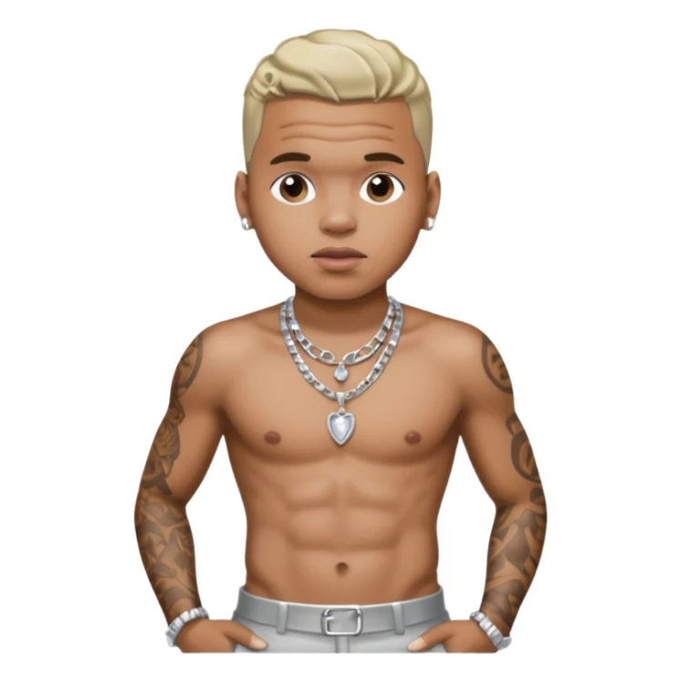 Chris Brown with silver pants, shirtless with necklace sticker