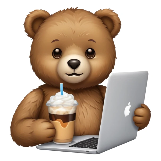 A teddy bear holding an iced Americano and using a laptop. sticker