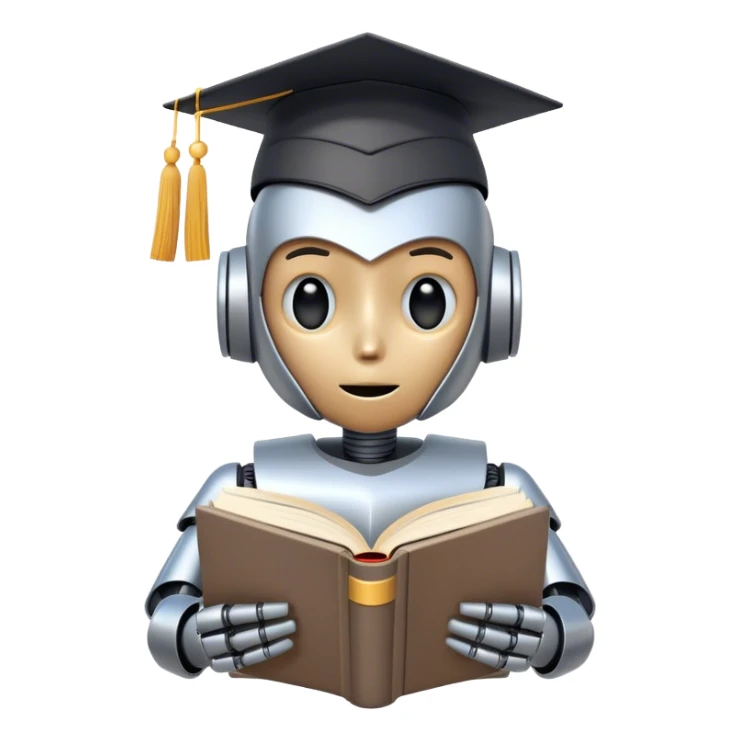 non-anthropomorphic robot reading a big book with graduation head sticker