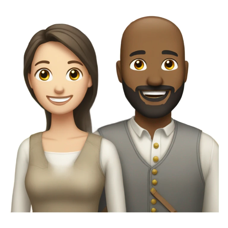 White barn with white, brunette couple out front smiling. Man has a beard sticker