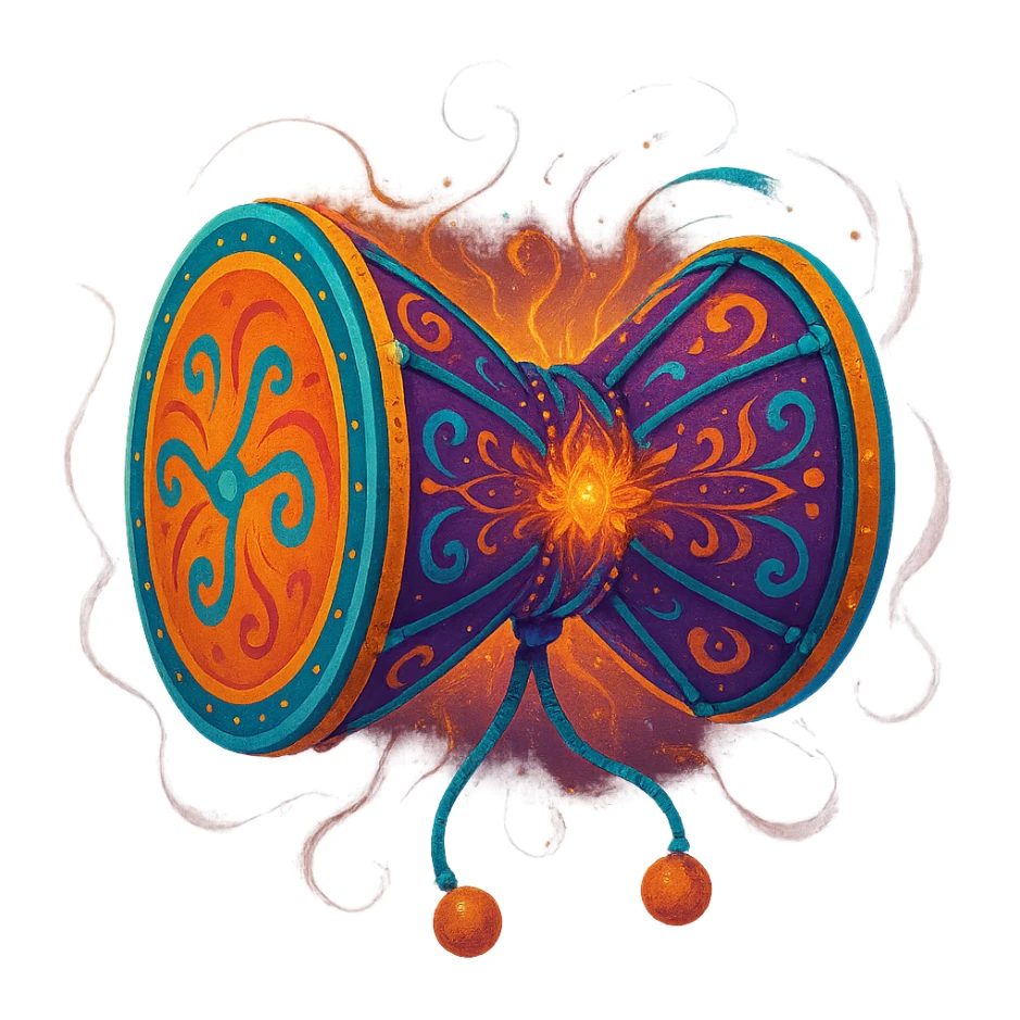 stylized damru with vibrant colors and spiritual aura, no text sticker
