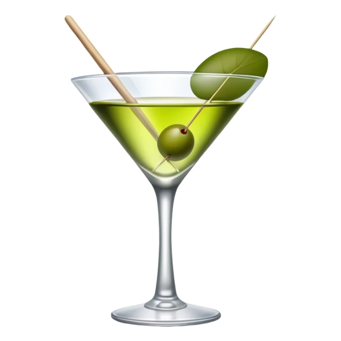 martini glass with completely colorless transparent liquid like pure water, with a green olive at the bottom skewered by a toothpick sticker