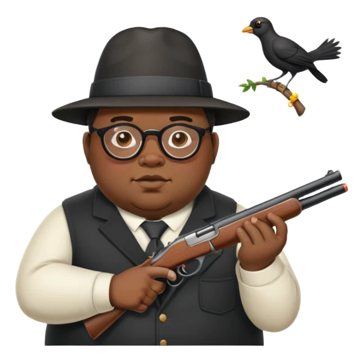 fat black man with glasses killing a black bird with a shot gun sticker