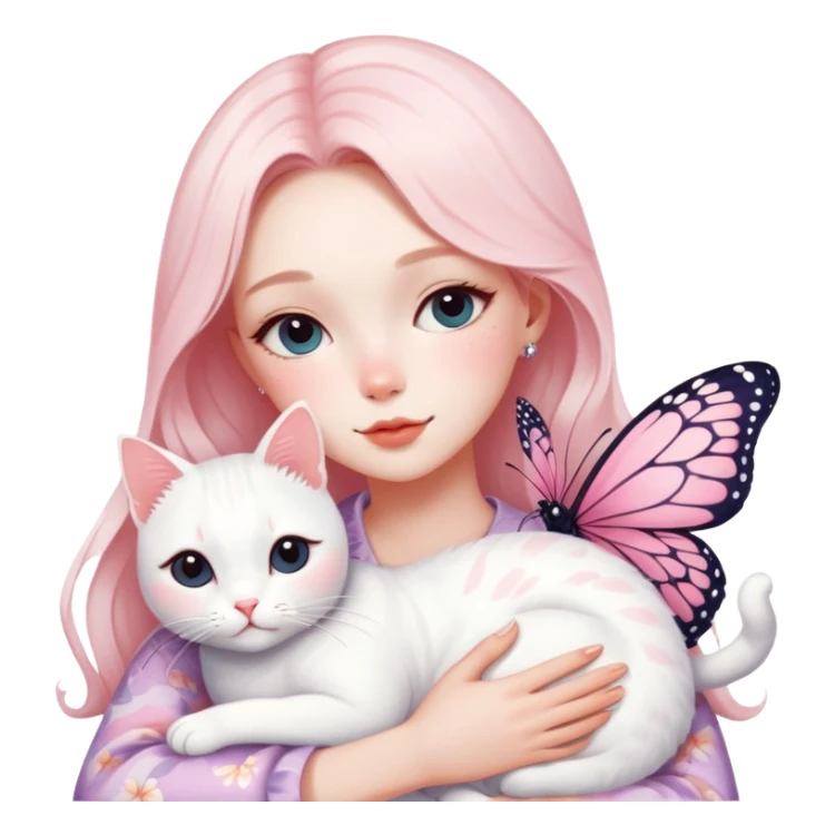 Gorgeous pastel lady with blushing butterfly pattern hugging a white cat, aesthetic trendy style sticker