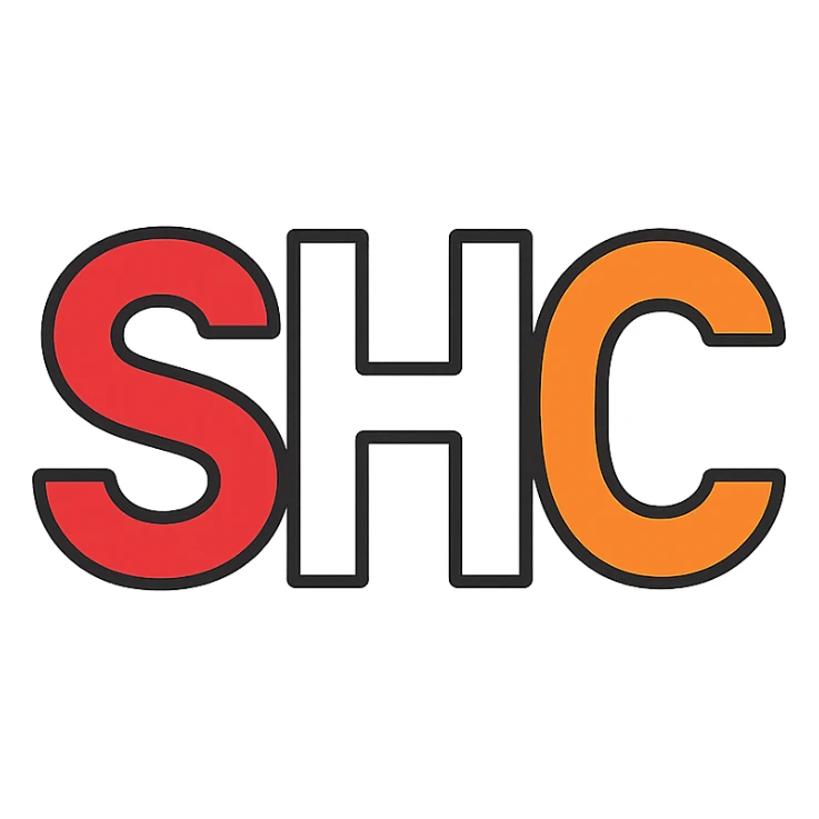 minimal geometric style letters SHC with S in red, H in white, C in orange sticker
