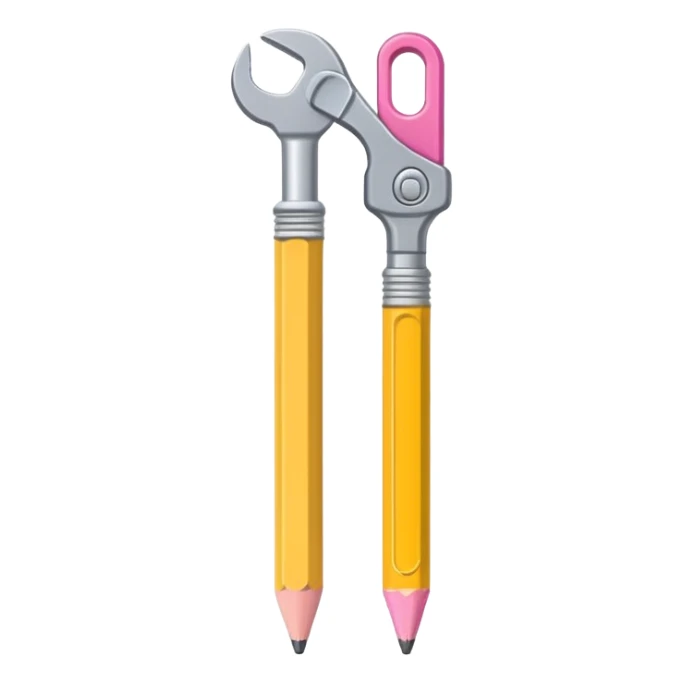 A flat-style illustration of a pencil and a wrench placed side by side, upright and parallel. The pencil is yellow with a pink eraser, and the wrench is metallic gray. Clean, modern cartoon style with simple shapes, white background, iOS emoji aesthetic. sticker