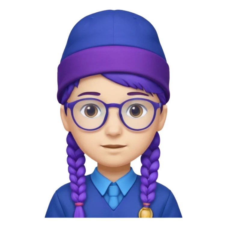 blue uniform wearing scout kid with purple braids and glassess with blue hat sticker