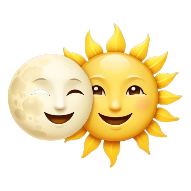 a really bright  big sun and a small moon who shines because of it. the sun is bigger and the tiny \moon bright too beside it smiling looking at each other sticker