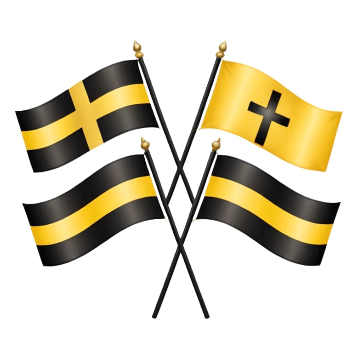 Flags: There are four flags, two on the top and two on the bottom, in the black and gold (yellow) quarters. Each flag features a gold cross symbol, likely a Coptic cross, on a black and yellow background with horizontal stripes.
 sticker