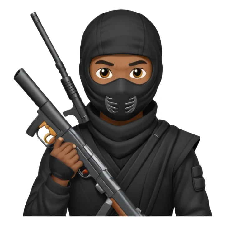 A black male in a ninja mask with a gun sticker