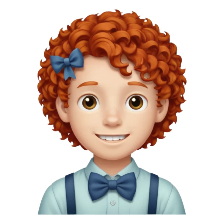 redhead kid with unique face features and very curly hair kid boy happy and braces on teeth, wearing a bow on head on hair just one bow sticker