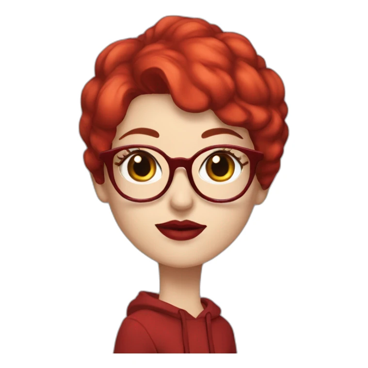 white woman with dark red pixie cut and long eyelashes and big red glasses red lips and red hoody sticker