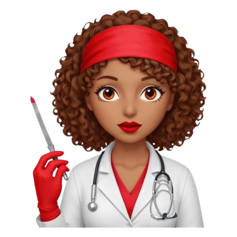 Lilith scalpel in hand, evil surgeon sexy surgeon clothes.  She has red eyes.Her  brown curly hair. Wears sexy doctor outfit with red gloves. Hides mouth necknose with red bandana to hide her identity. Hair is long and brown sticker