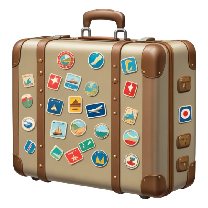 Suitcase with travel stickers, subdued colors, not vivid sticker