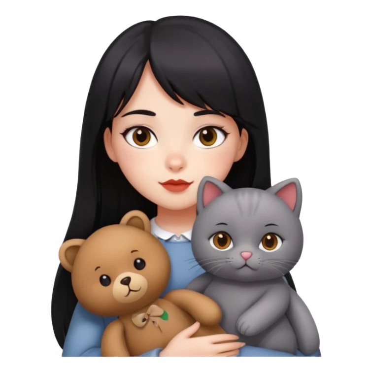 girl,drak eyes, red cheeks, black long hair with a bang, white face, holding a British gray cat and a brown teddy bear sticker
