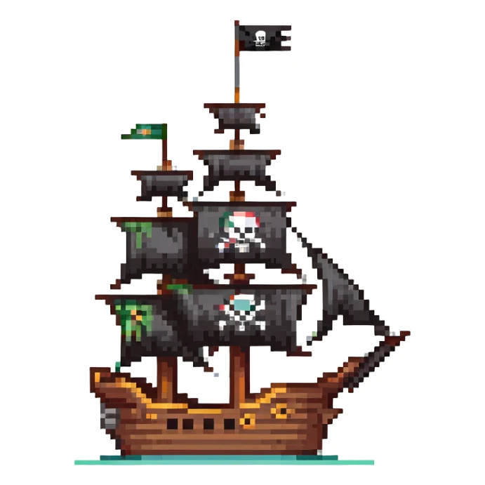 A pirate ship with black sails and flag sticker