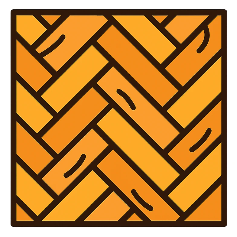 European hardwood floor icon, herringbone pattern, warm tones, top-down view, color outline style sticker