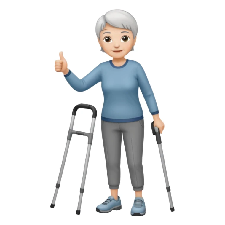 elderly woman with pants short grey hair using crutches WITH A THUMBS UP sticker