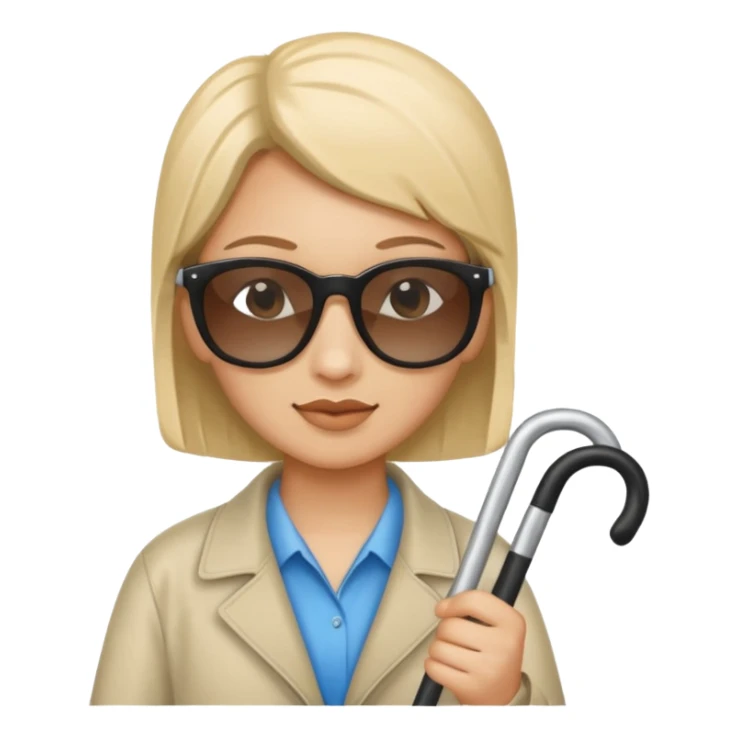 A blind person wearing sunglasses and holding a guide cane sticker
