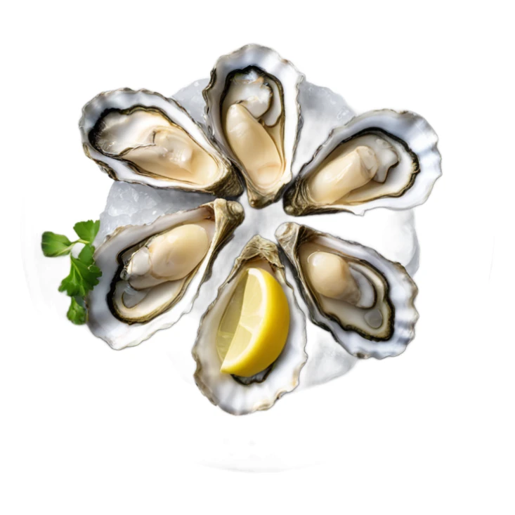 12 oysters on the round silver plate with 2 slices of lemon sticker