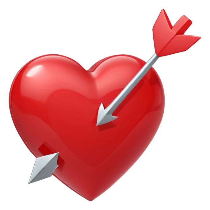 Apple-style 3D illustration of a glossy red heart pierced by a horizontal double-ended arrow. One end of the arrow has a small female symbol, the other end has a small male symbol. The heart is centered, shiny, with soft shadows, floating on a clean white background, minimal and emotional design sticker