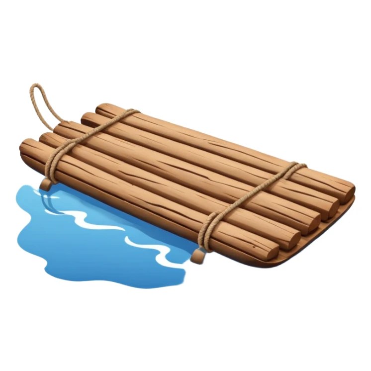 showing a simple wooden raft floating on calm blue water — made of several brown logs tied together with rope — gentle ripples around it — bright, cheerful lighting and soft shadows — minimalist, clean emoji design sticker