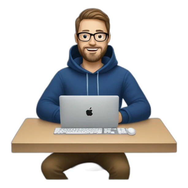 Brown hair white man with a beard and round glasses typing on apple computer wearing a dark blue nike hoodie sticker