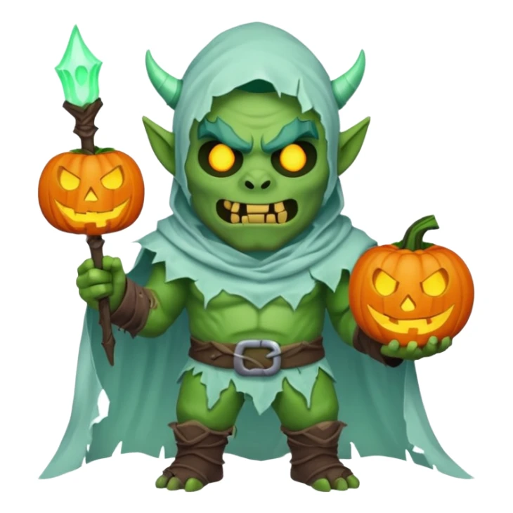 male orc warrior ghost emoji, green skin, tusks, wearing torn white ghost sheet costume, holding glowing jack-o'-lantern, faint blue aura, friendly but spooky expression, Halloween fantasy theme, Apple emoji style, clean white background, square sticker