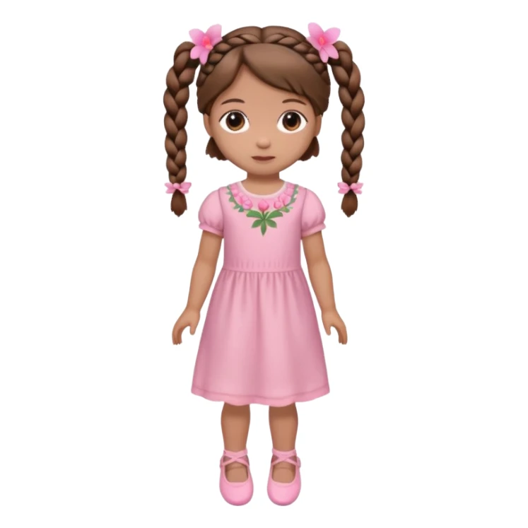 Boneca muito baixa e pequena de cabelo castanho com 2 tranças e uma flor rosa do lado esquerdo usado um vestido rosa claro e sapatinhos rosa sticker