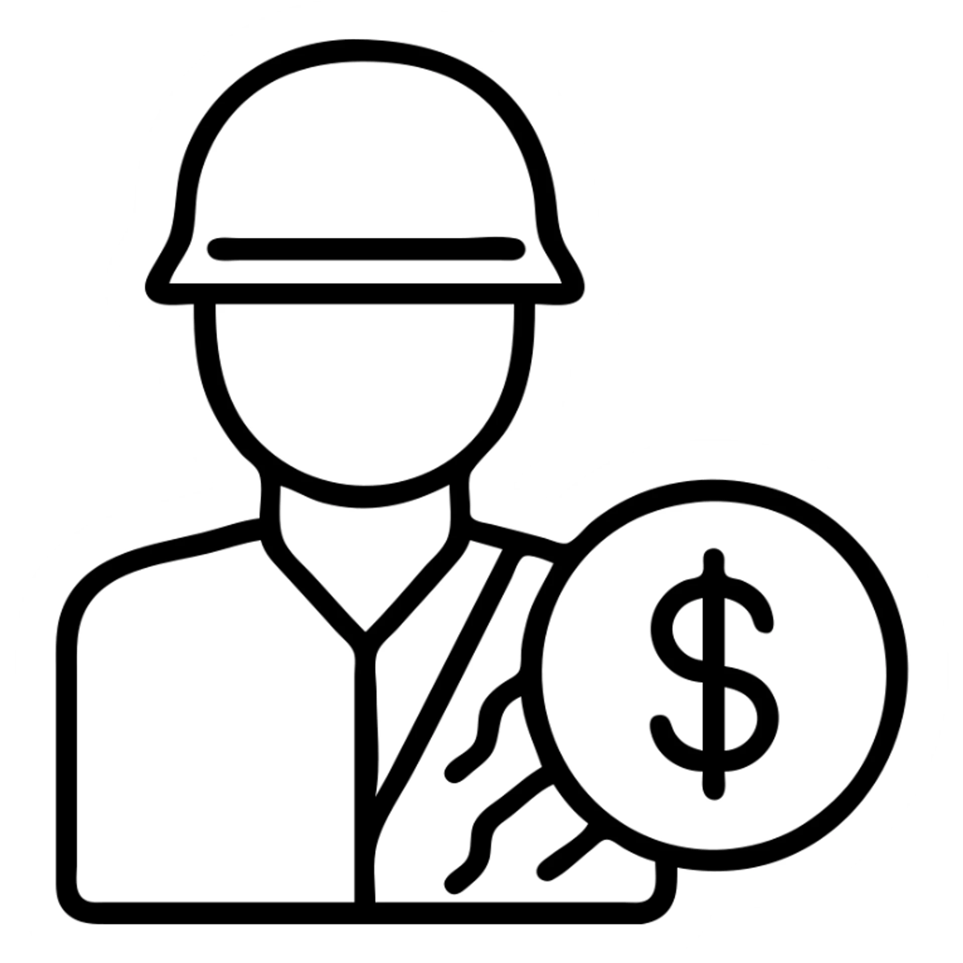 simple icon of a soldier and money, minimal style, clean lines sticker