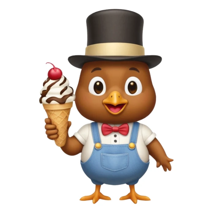 chicken wearing overalls and a top hat, holding an ice cream sundae sticker