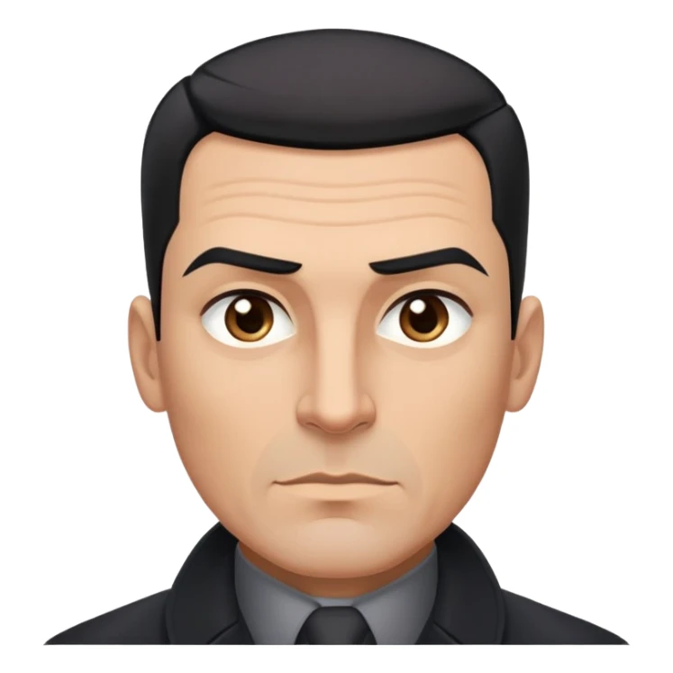 Robust athletic man in his 40s with light brown skin tone, short slicked back straight black hair with fade haircut, strong square face, thick eyebrows, wide nose, black overcoat with buttoned gray shirt visible underneath sticker