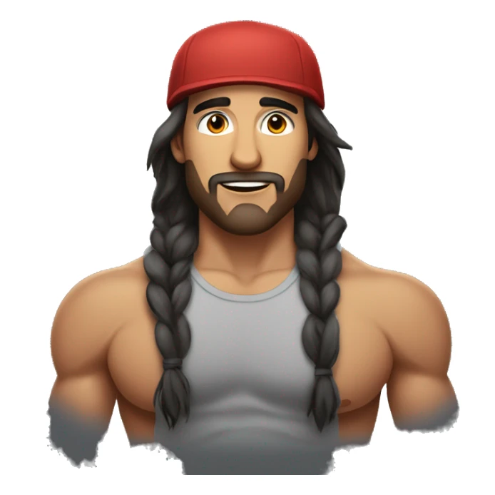 Alex Hormozi with long hair, a cap and a tank top, muscular sticker