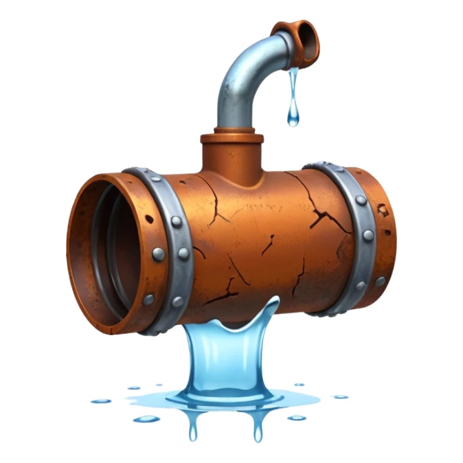 3D render of a cracked pipe with water dripping from it, Pixar-style, clean and realistic, soft reflections, isolated on white background, professional and colorful

 sticker