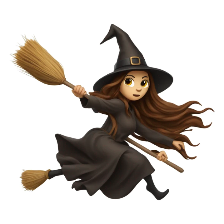 brown long hair witch flying on a broom white skin sticker