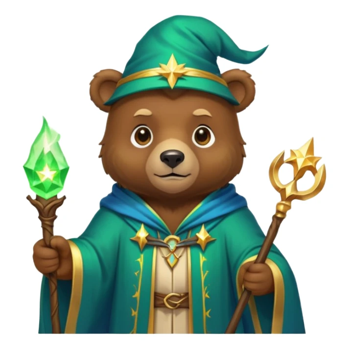 A young bear wizard with a glowing green spell, golden staff and starry blue robes sticker